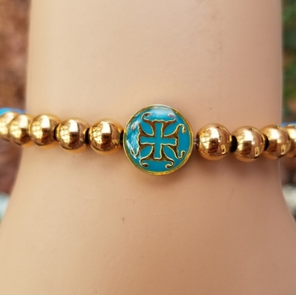 RUSTIC CUFF BLUE & GOLD STRETCH BEADED BRACELET - Picture 6 of 7